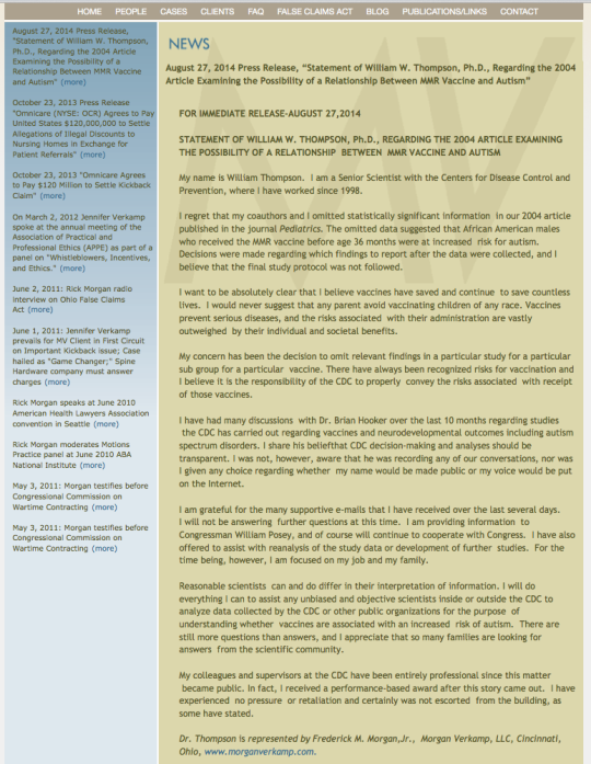 August 27, 2014 Press Release, “Statement of William W. Thompson, Ph.D., Regarding the 2004 Article Examining the Possibility of a Relationship Between MMR Vaccine and Autism”