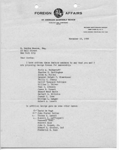 Gordon Wasson nominates George Kennan and John Foster Dulles to the Century Club. Foreign Affairs (CFR) letter head. 